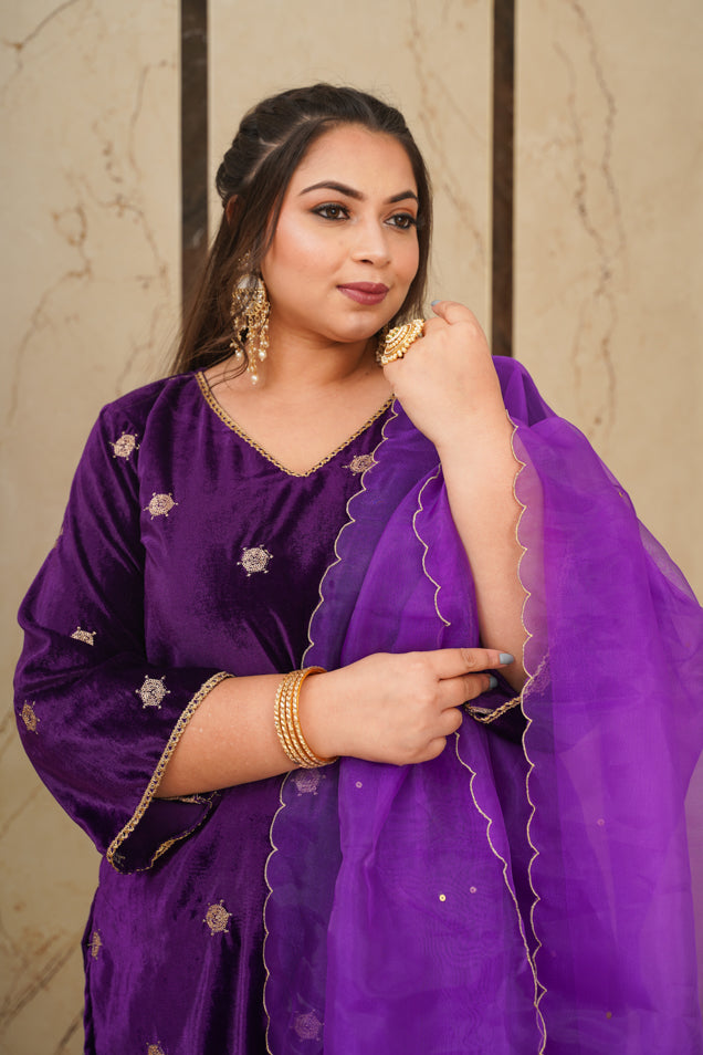 Women's Purple Embroidered Velvet Kurta Set - (Set Of 3) - Nangalia Ruchira
