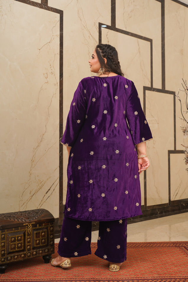 Women's Purple Embroidered Velvet Kurta Set - (Set Of 3) - Nangalia Ruchira