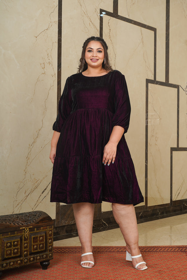 Women's Wine Velvet Tiered Dress - Nangalia Ruchira