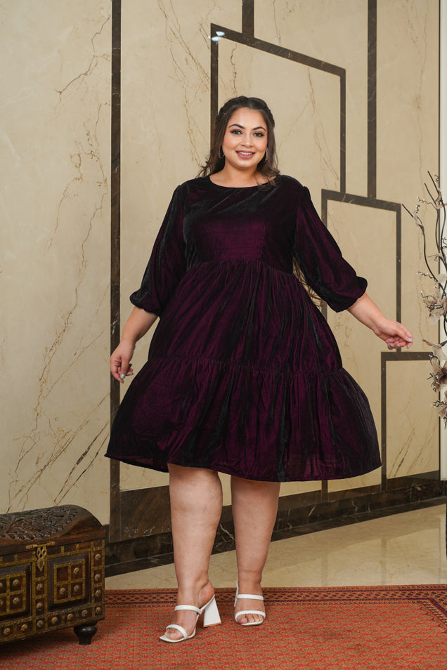 Women's Wine Velvet Tiered Dress - Nangalia Ruchira