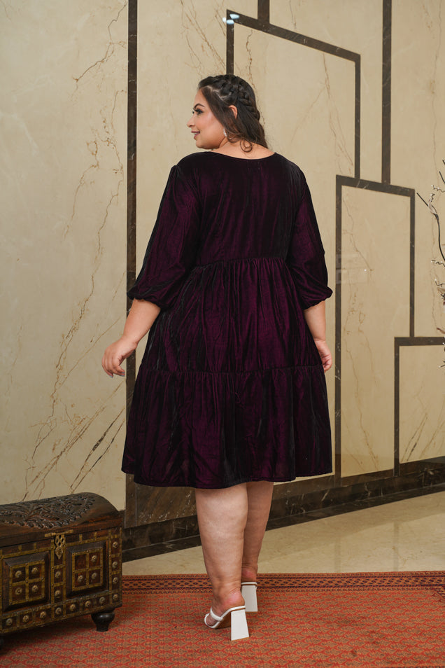 Women's Wine Velvet Tiered Dress - Nangalia Ruchira