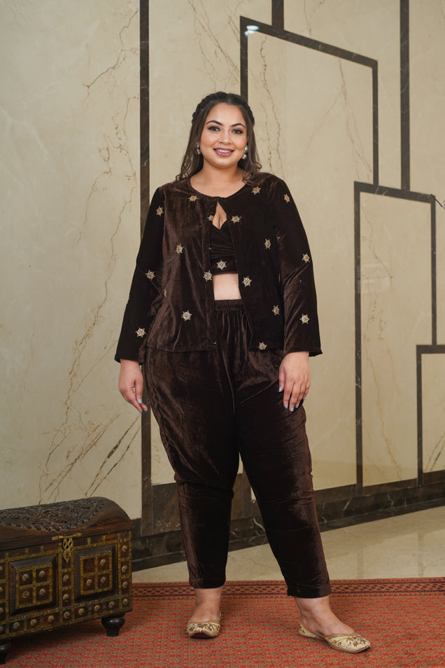 Women's Brown Embroidered Velvet Jacket - Nangalia Ruchira