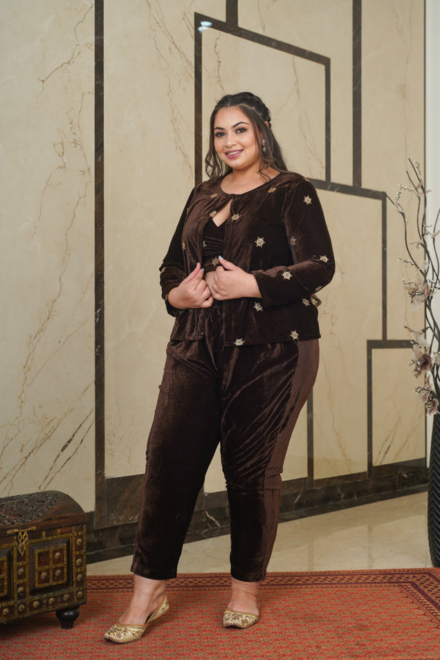 Women's Brown Embroidered Velvet Jacket - Nangalia Ruchira