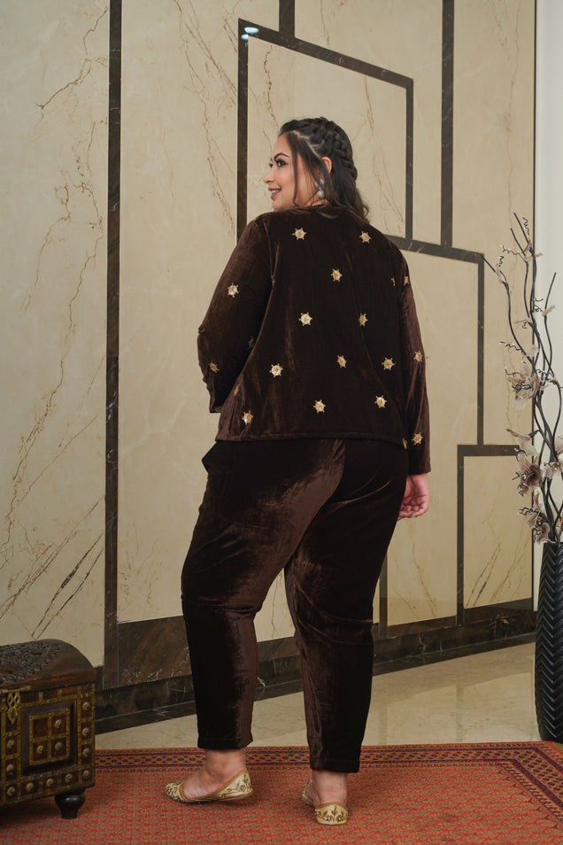 Women's Brown Embroidered Velvet Jacket - Nangalia Ruchira