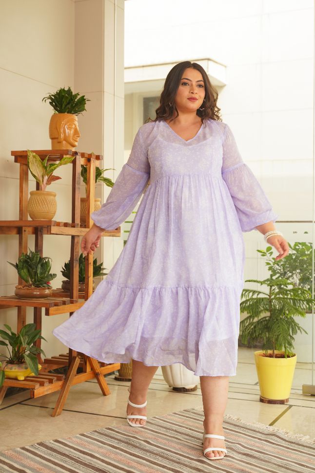 Women's Lilac Georgette Tiered Midi Dress - Nangalia Ruchira