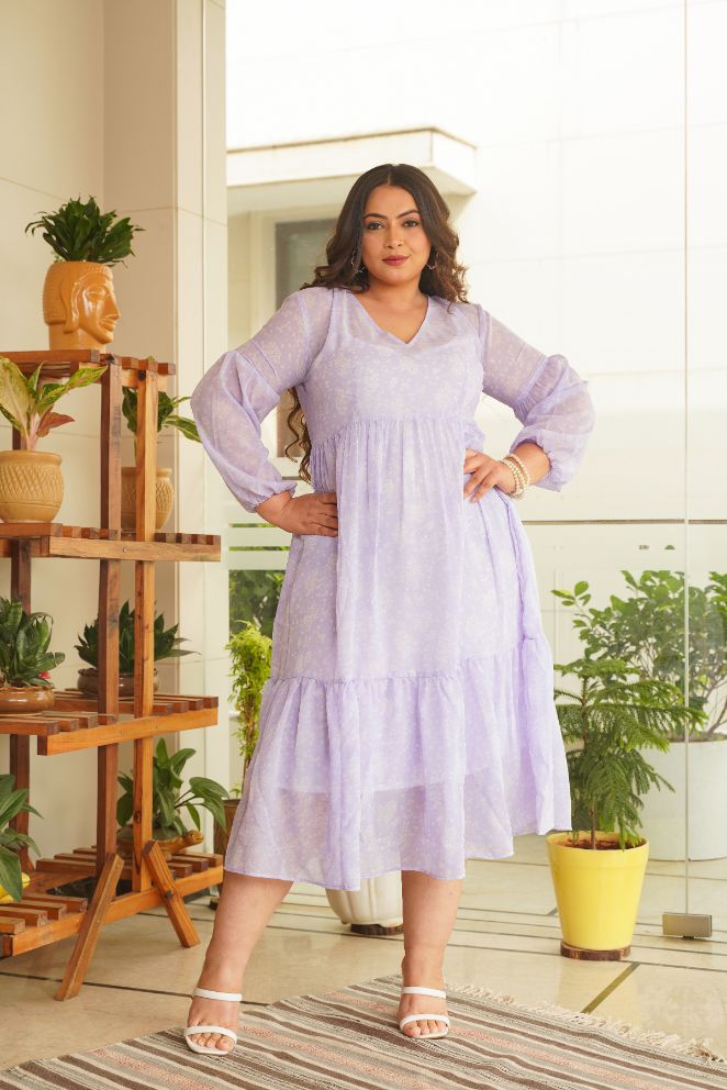 Women's Lilac Georgette Tiered Midi Dress - Nangalia Ruchira