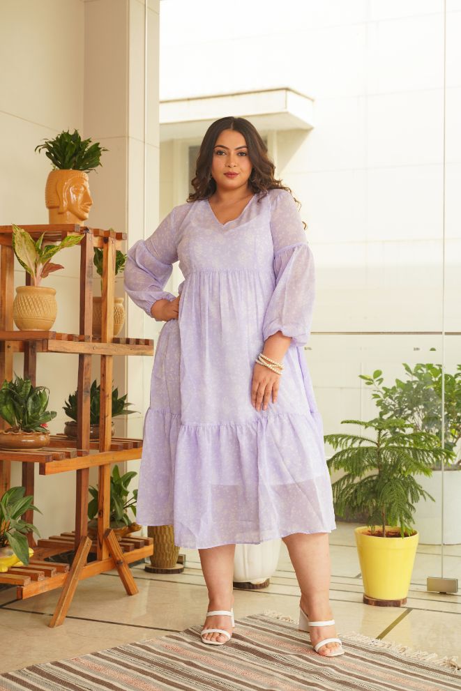 Women's Lilac Georgette Tiered Midi Dress - Nangalia Ruchira