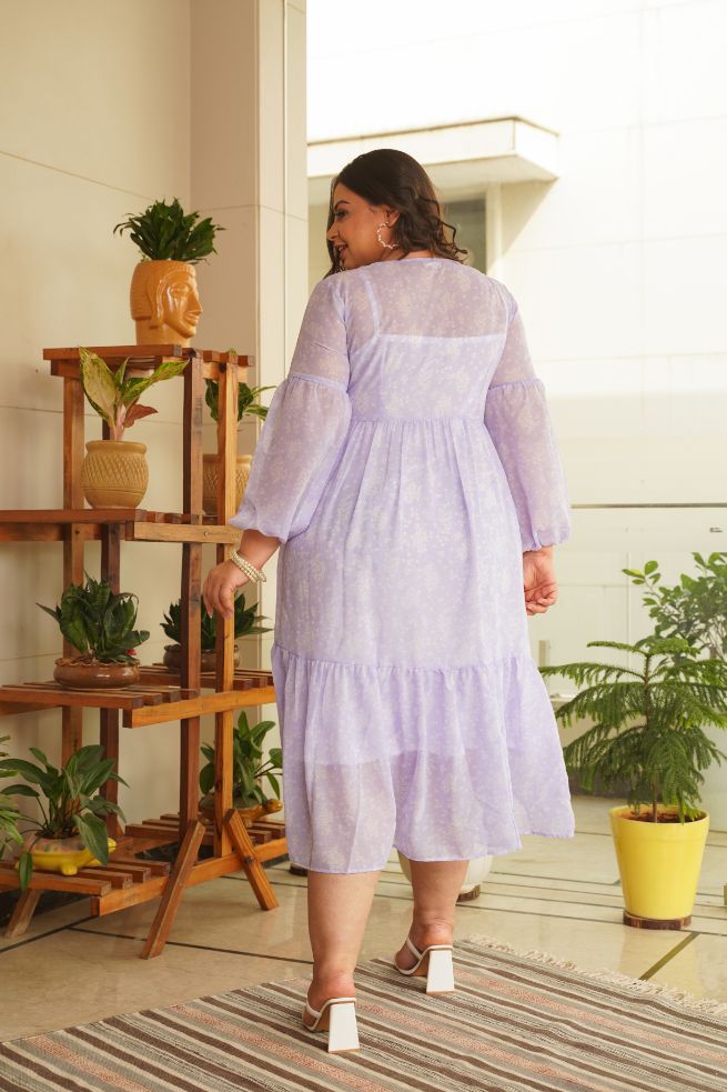 Women's Lilac Georgette Tiered Midi Dress - Nangalia Ruchira