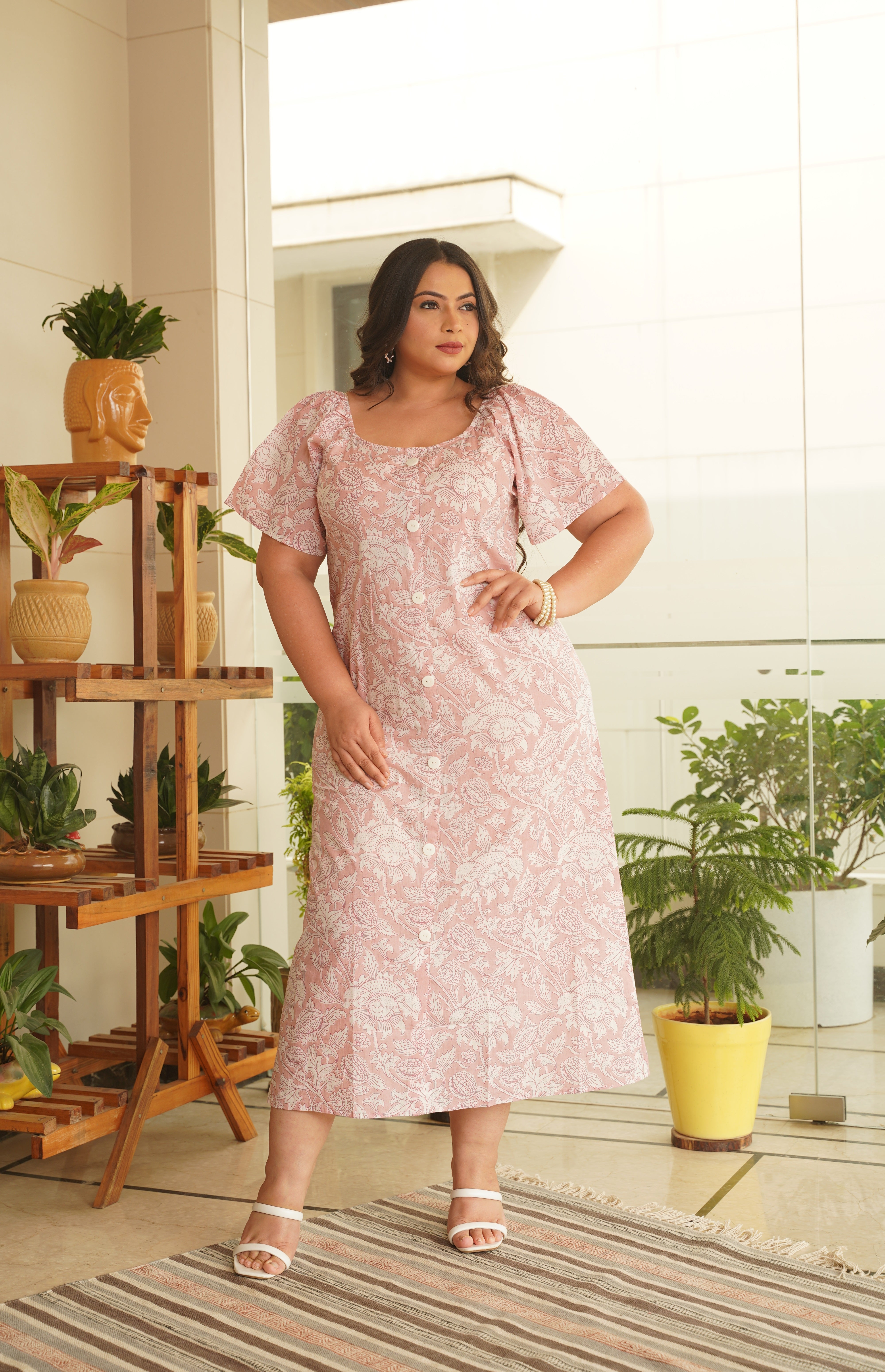 Women's Cotton Pink Floral Maxi Dress - Nangalia Ruchira