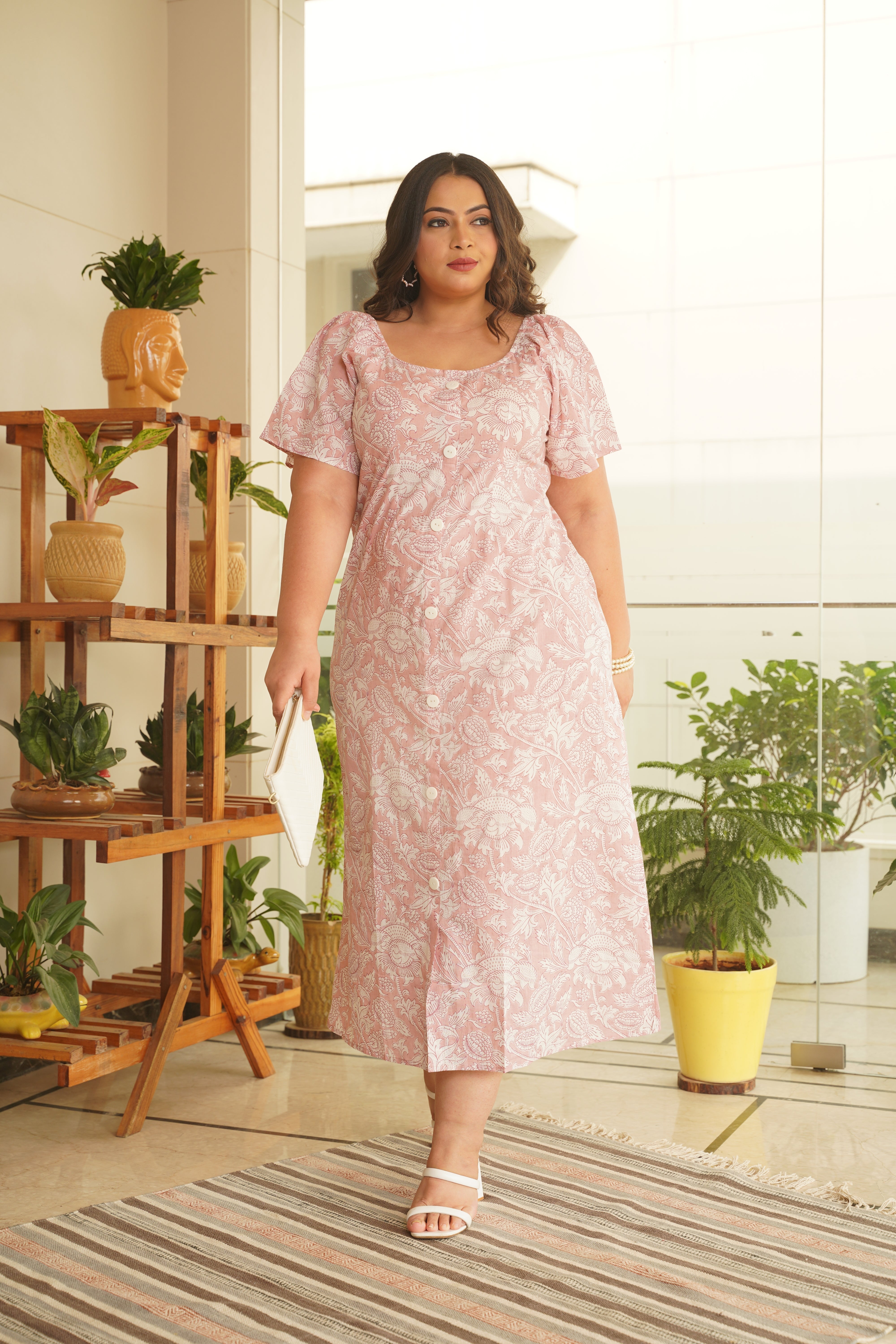 Women's Cotton Pink Floral Maxi Dress - Nangalia Ruchira