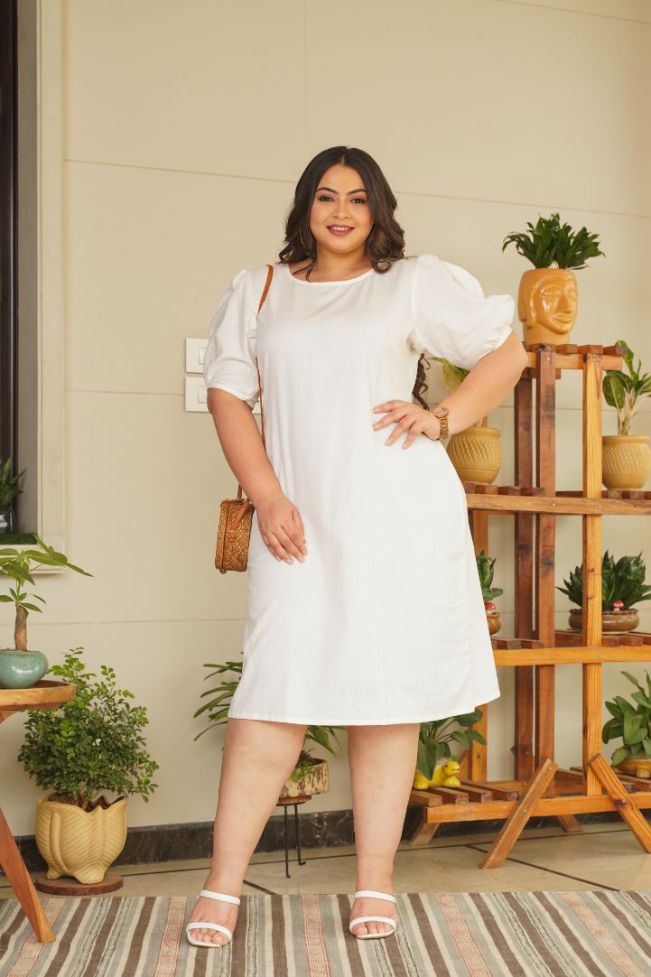 Women's Ivory Puff Sleeve Linen Midi - Nangalia Ruchira
