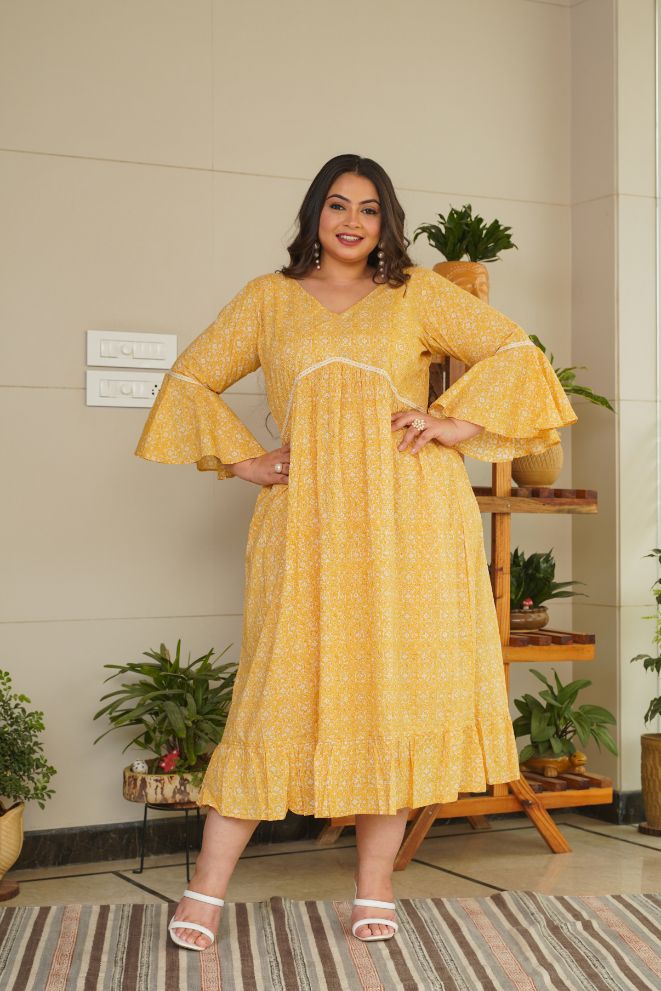 Women's Yellow Cotton Floral Ruffle Dress - Nangalia Ruchira