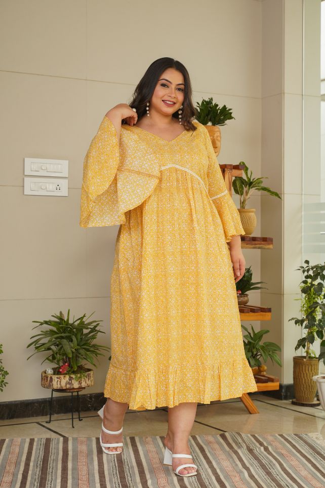 Women's Yellow Cotton Floral Ruffle Dress - Nangalia Ruchira