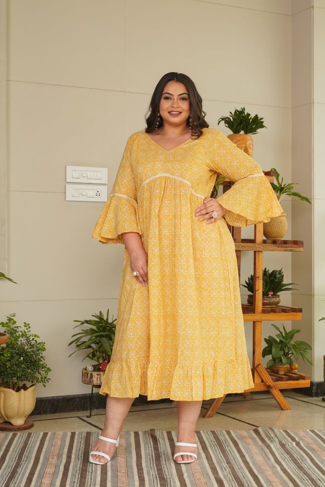 Women's Yellow Cotton Floral Ruffle Dress - Nangalia Ruchira