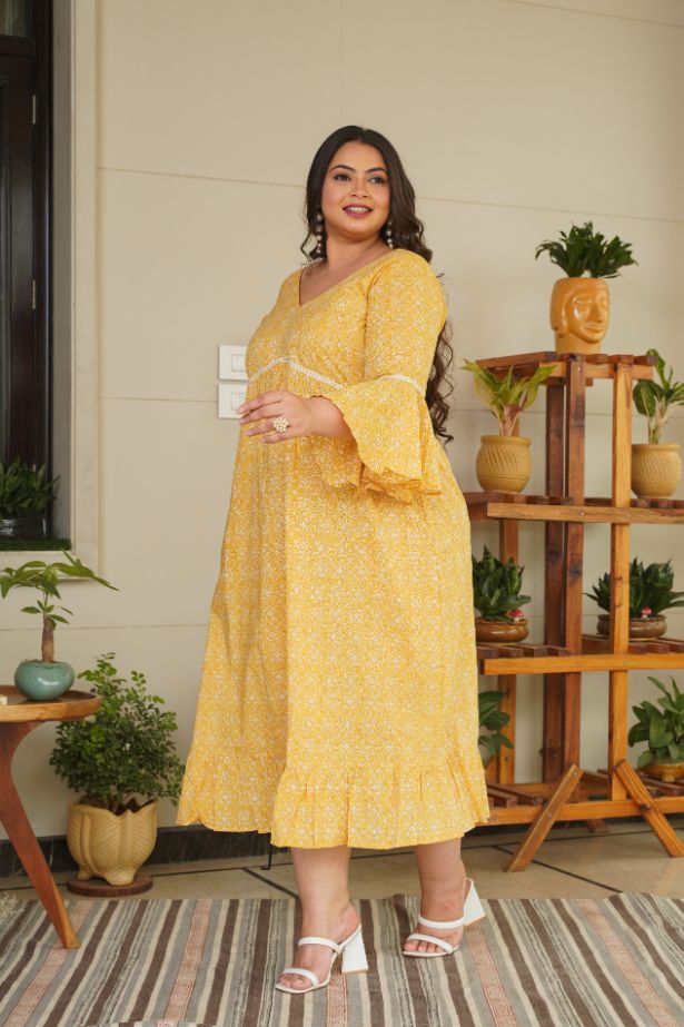 Women's Yellow Cotton Floral Ruffle Dress - Nangalia Ruchira