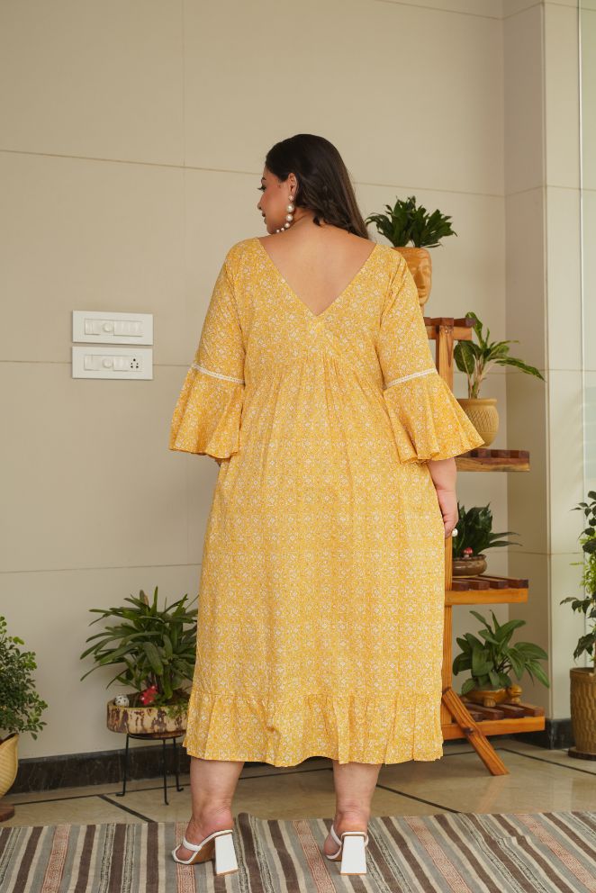 Women's Yellow Cotton Floral Ruffle Dress - Nangalia Ruchira