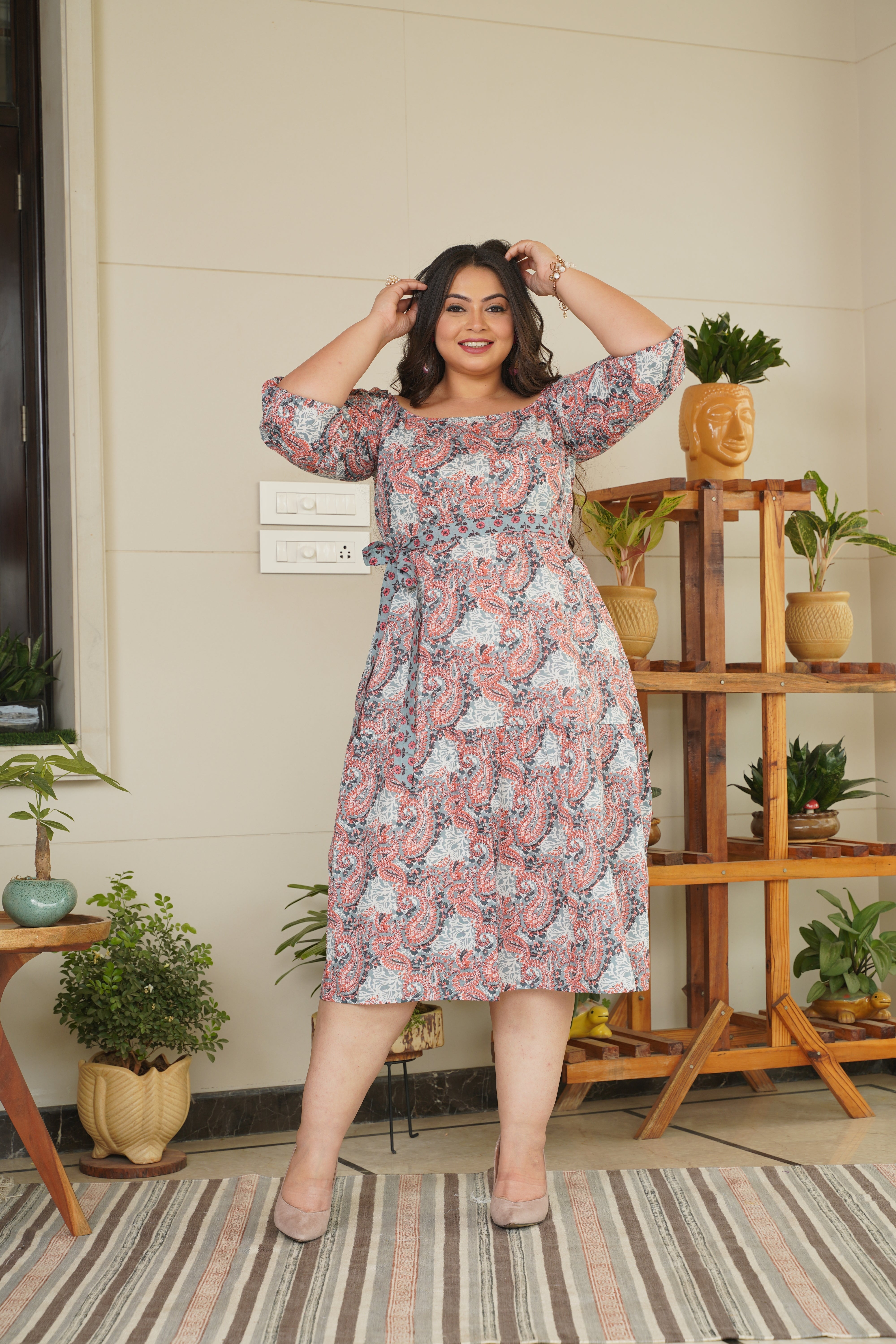 Women's Brown Floral Cotton Midi Dress With Belt - Nangalia Ruchira