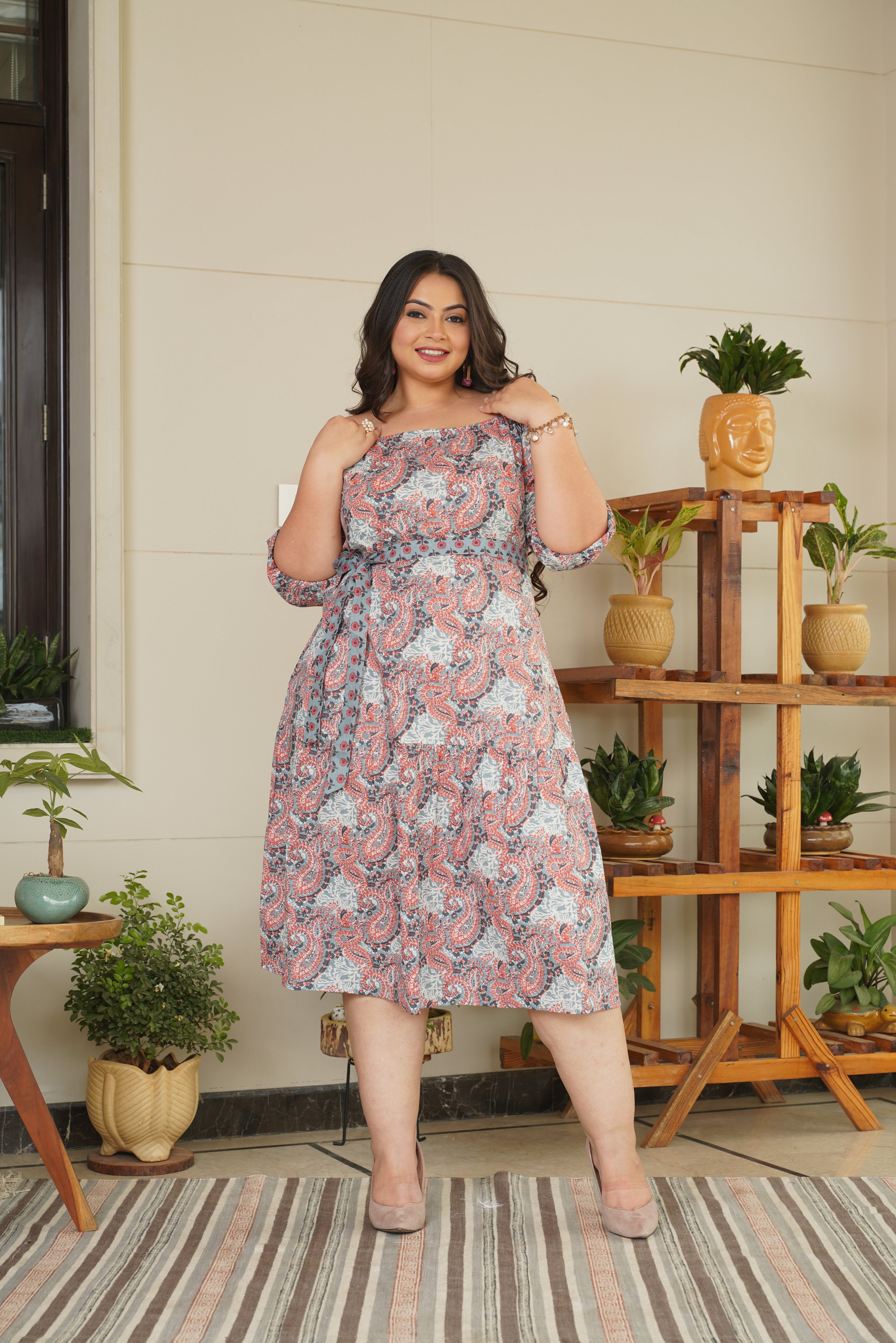 Women's Brown Floral Cotton Midi Dress With Belt - Nangalia Ruchira