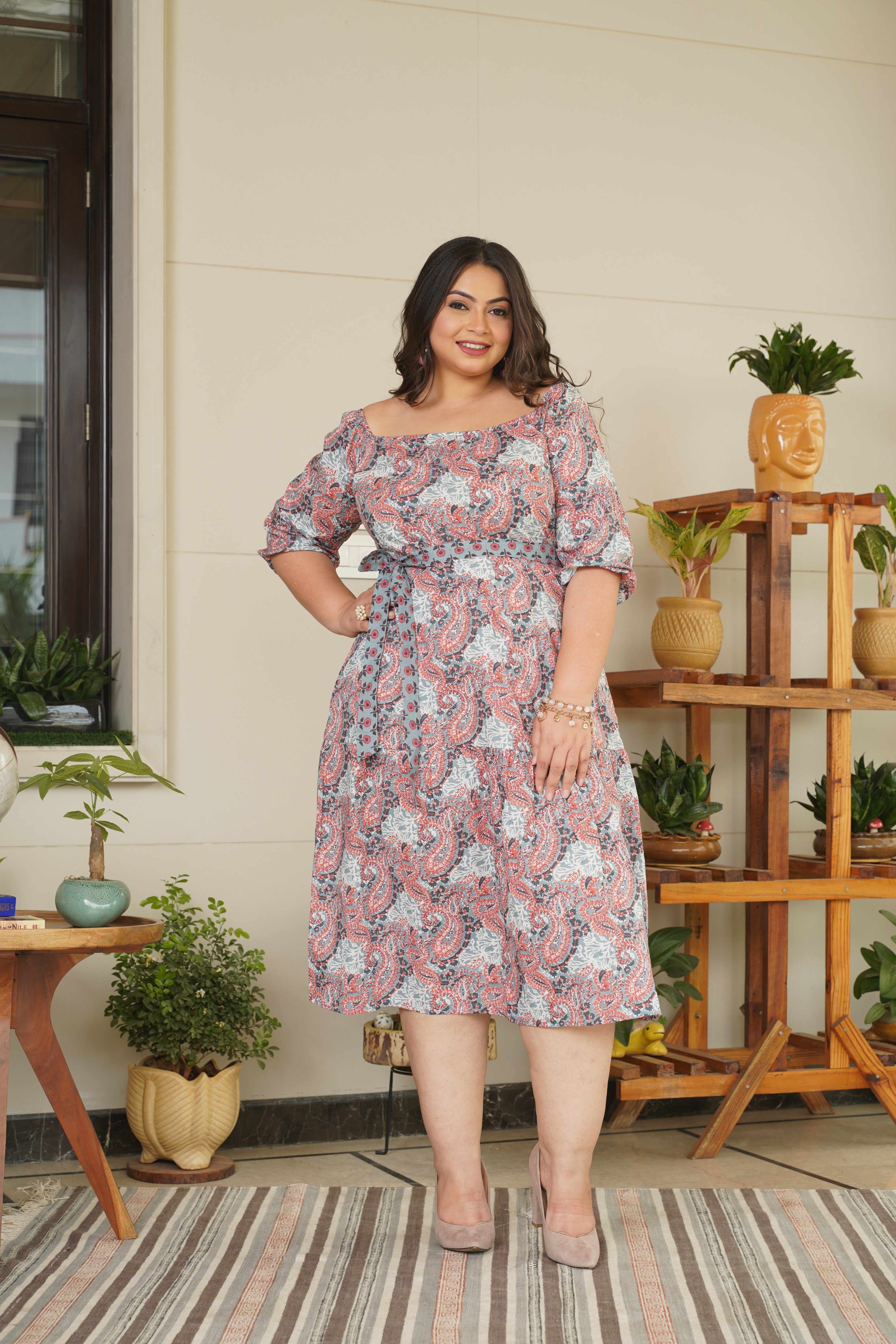 Women's Brown Floral Cotton Midi Dress With Belt - Nangalia Ruchira