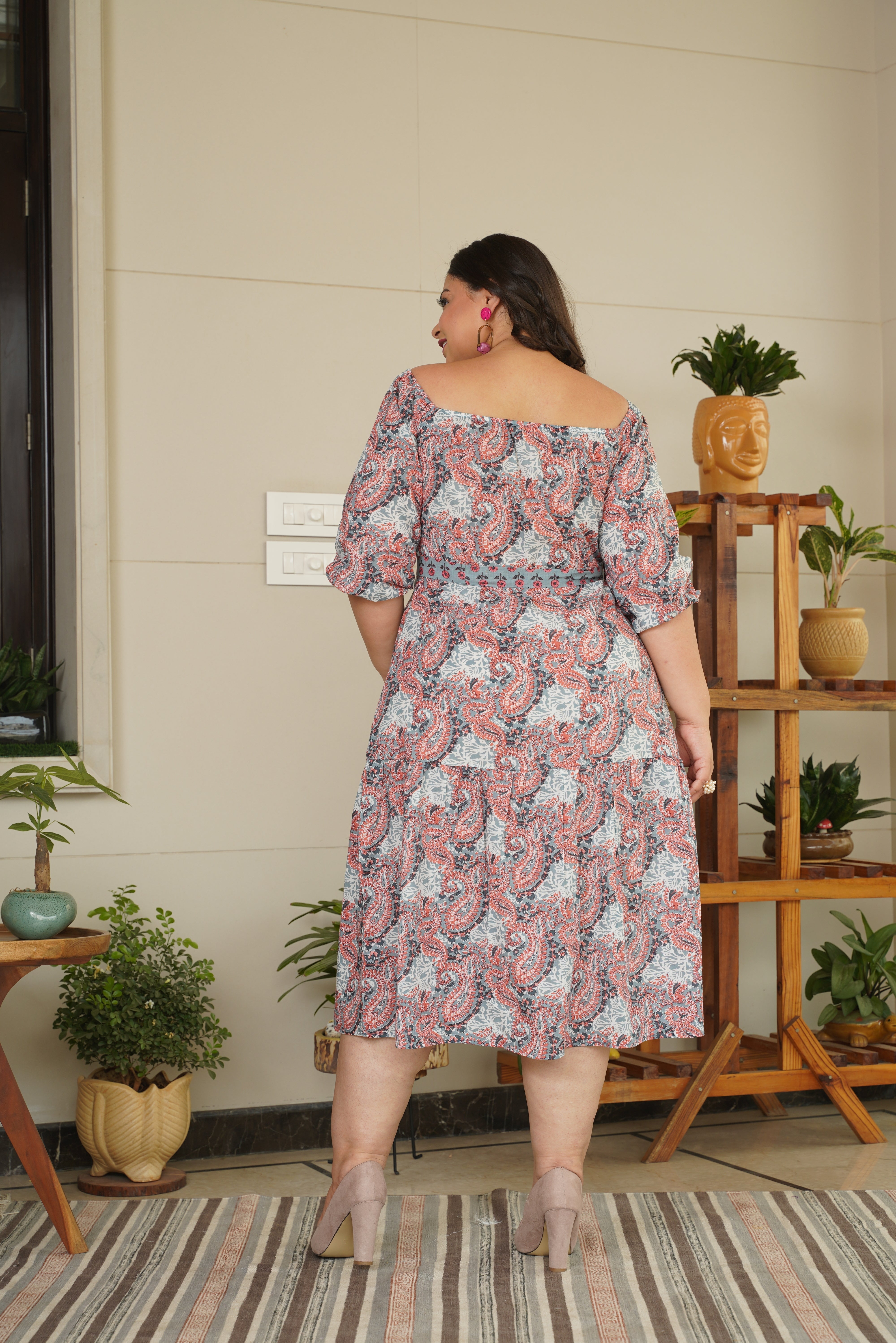 Women's Brown Floral Cotton Midi Dress With Belt - Nangalia Ruchira