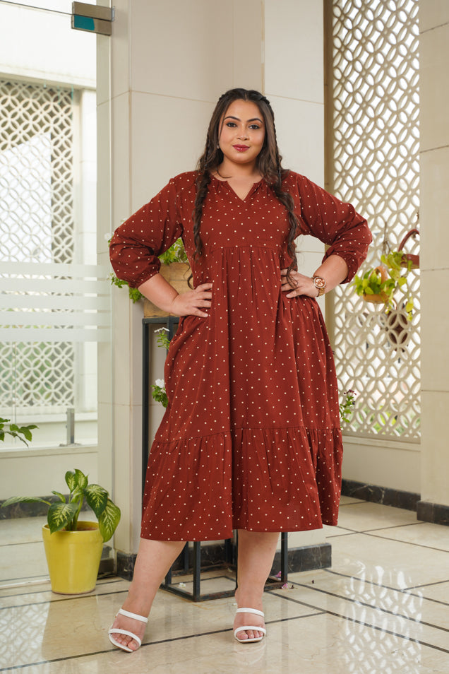 Women's Maroon Polka Dot Midi Dress - Nangalia Ruchira