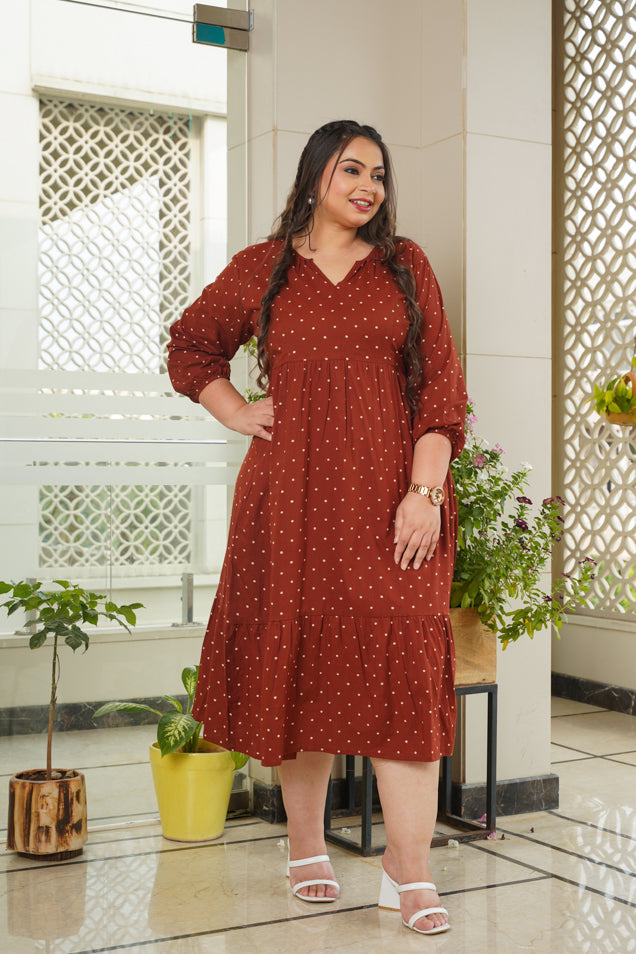 Women's Maroon Polka Dot Midi Dress - Nangalia Ruchira