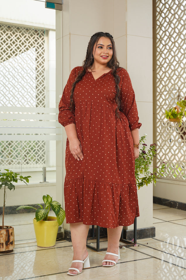 Women's Maroon Polka Dot Midi Dress - Nangalia Ruchira