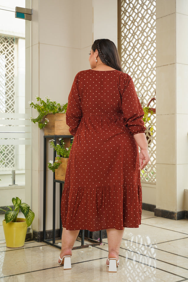 Women's Maroon Polka Dot Midi Dress - Nangalia Ruchira