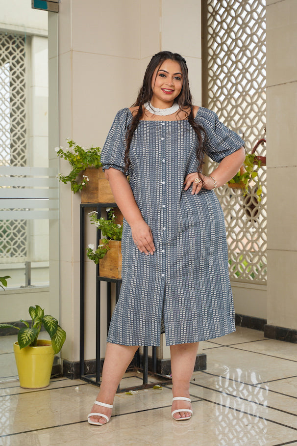 Women's Blue Cotton Midi Straight Slit Button Down Dress - Nangalia Ruchira