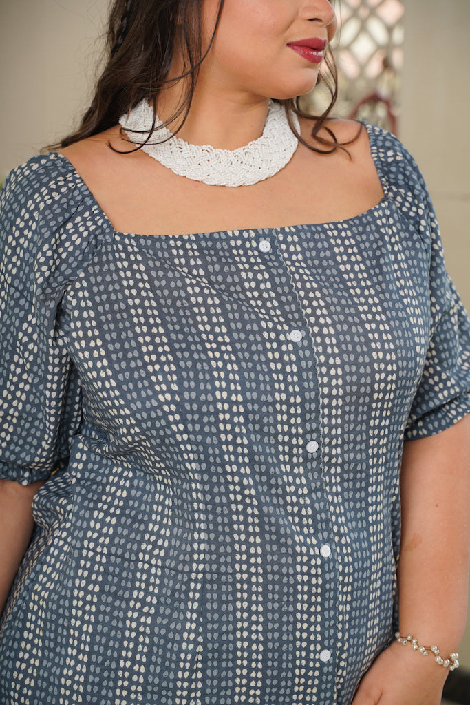 Women's Blue Cotton Midi Straight Slit Button Down Dress - Nangalia Ruchira