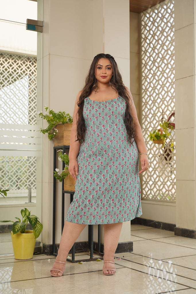 Women's Sky Blue Floral Strap Cotton Dress - Nangalia Ruchira