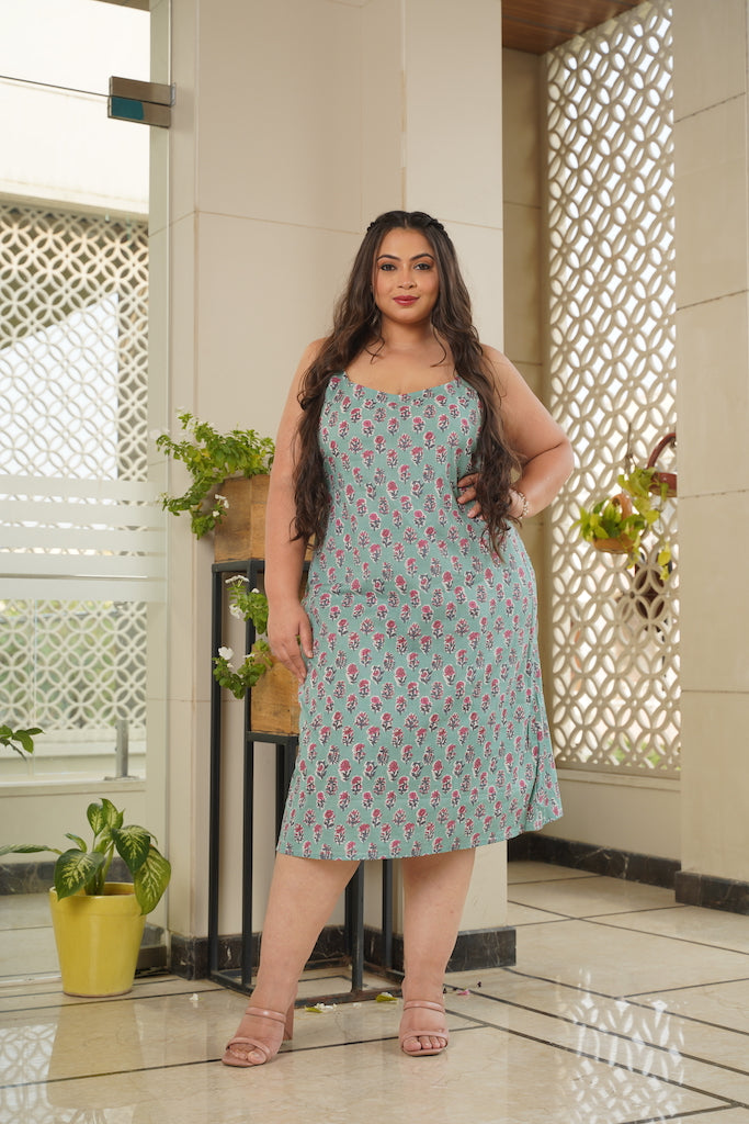 Women's Sky Blue Floral Strap Cotton Dress - Nangalia Ruchira