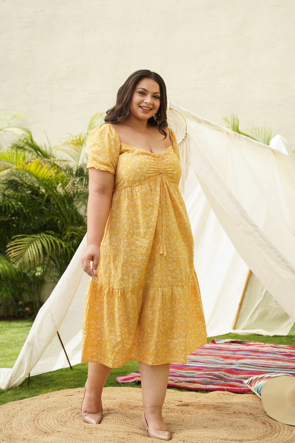 Women's Yellow Drawstring Floral Tiered Dress - Nangalia Ruchira
