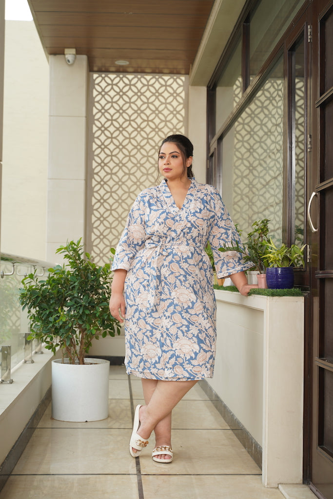 Women's Blue Floral Printed Cotton Kimono Robe - Nangalia Ruchira