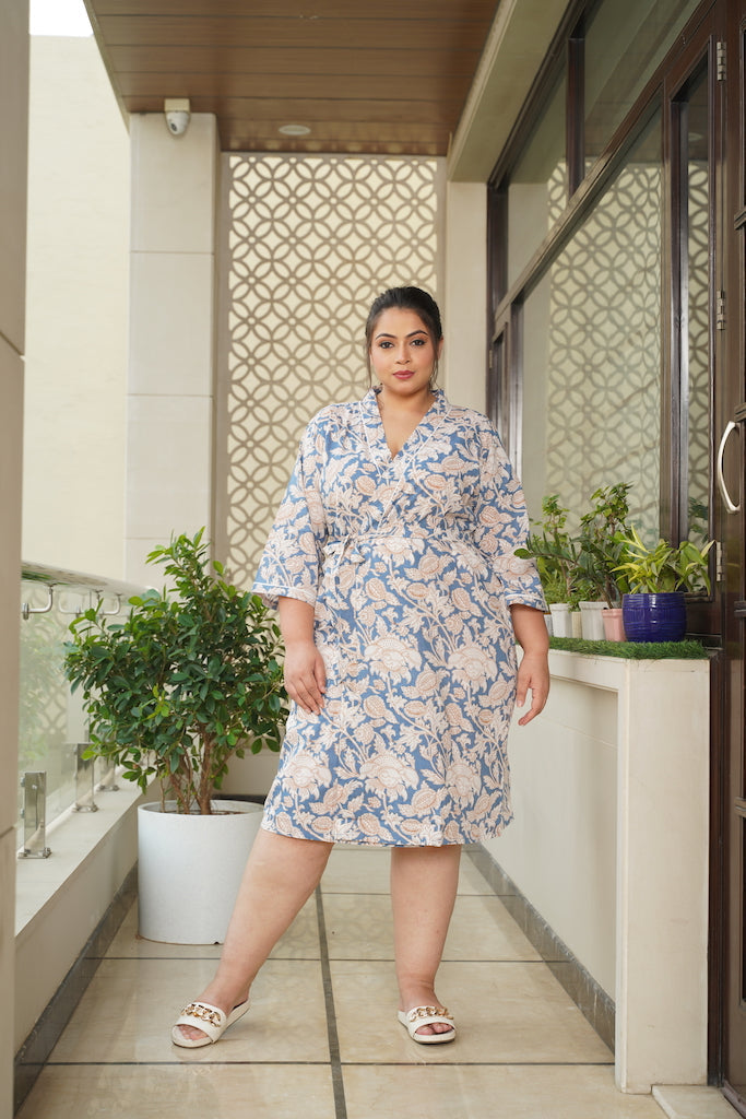 Women's Blue Floral Printed Cotton Kimono Robe - Nangalia Ruchira