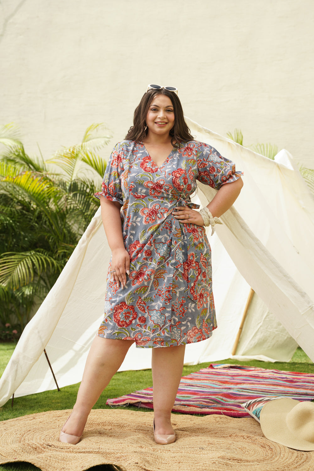 Women's Grey Printed Floral Overlap Cotton Dress - Nangalia Ruchira