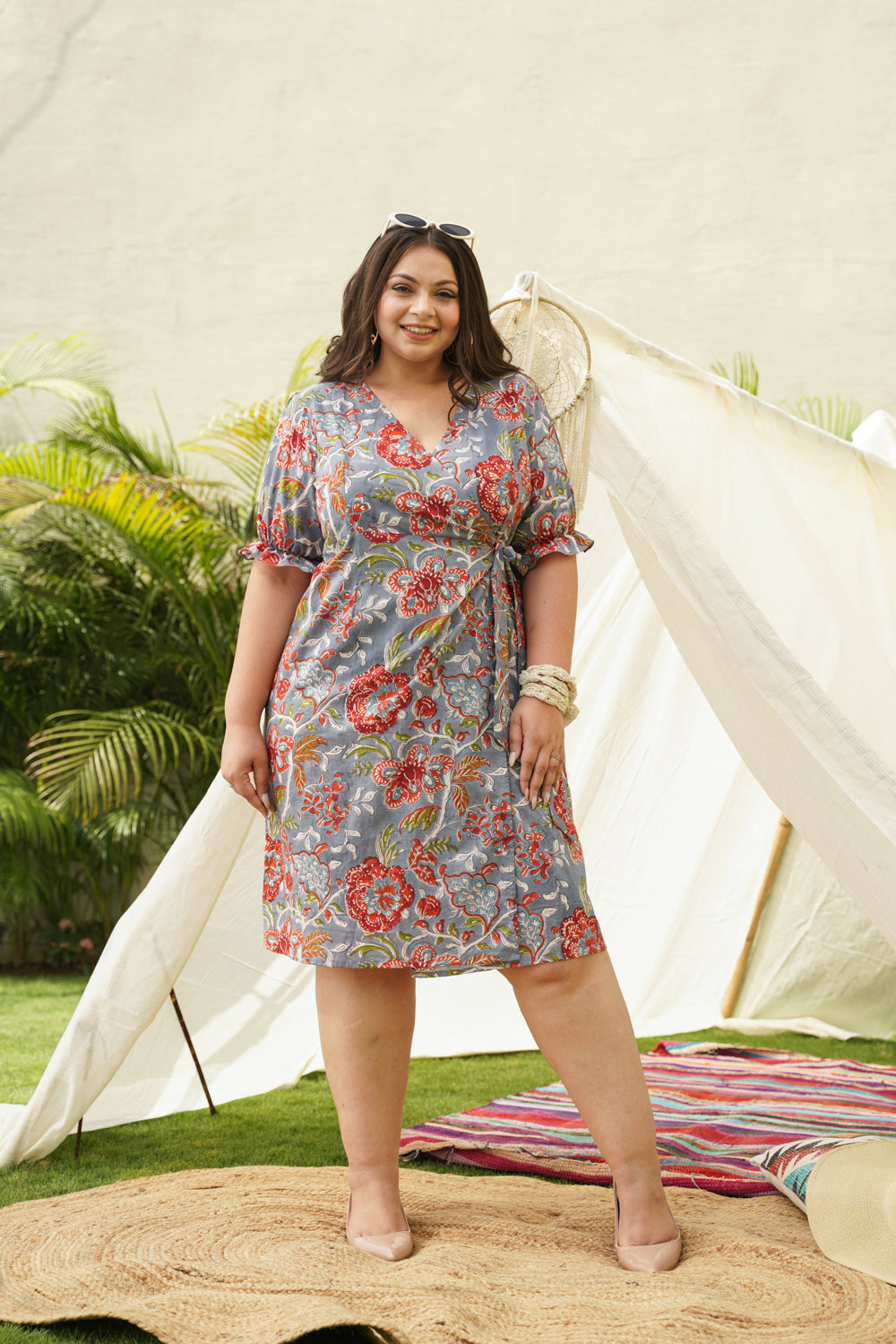 Women's Grey Printed Floral Overlap Cotton Dress - Nangalia Ruchira
