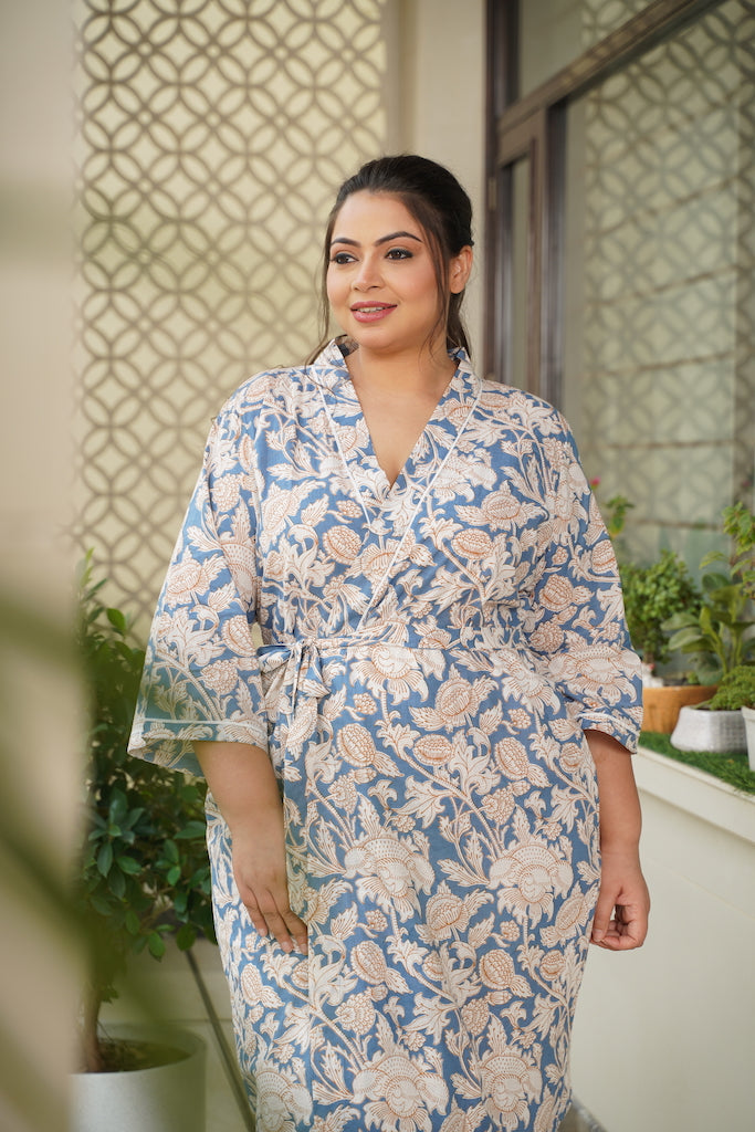 Women's Blue Floral Printed Cotton Kimono Robe - Nangalia Ruchira