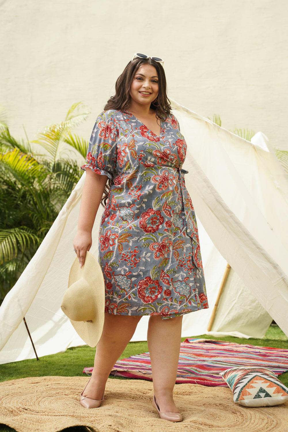 Women's Grey Printed Floral Overlap Cotton Dress - Nangalia Ruchira