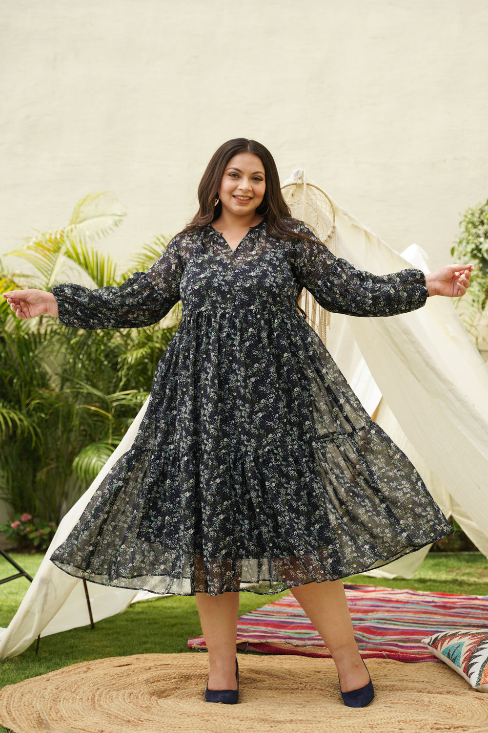 Women's Blue Tiered Georgette Midi Dress - Nangalia Ruchira