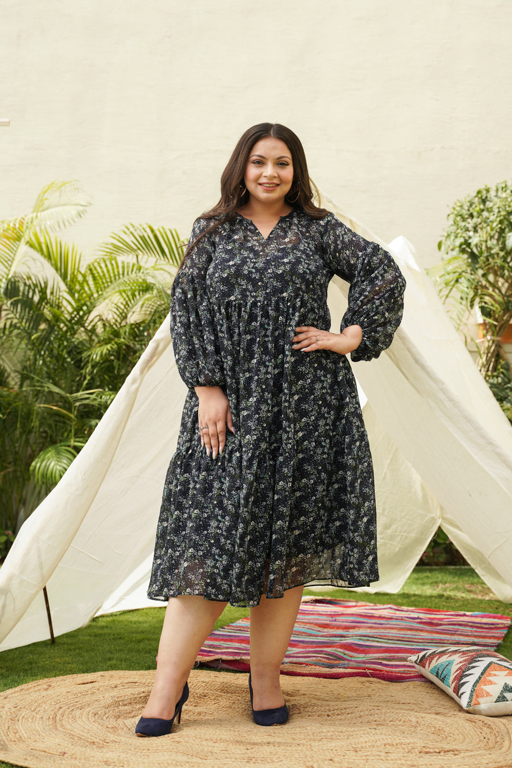 Women's Blue Tiered Georgette Midi Dress - Nangalia Ruchira