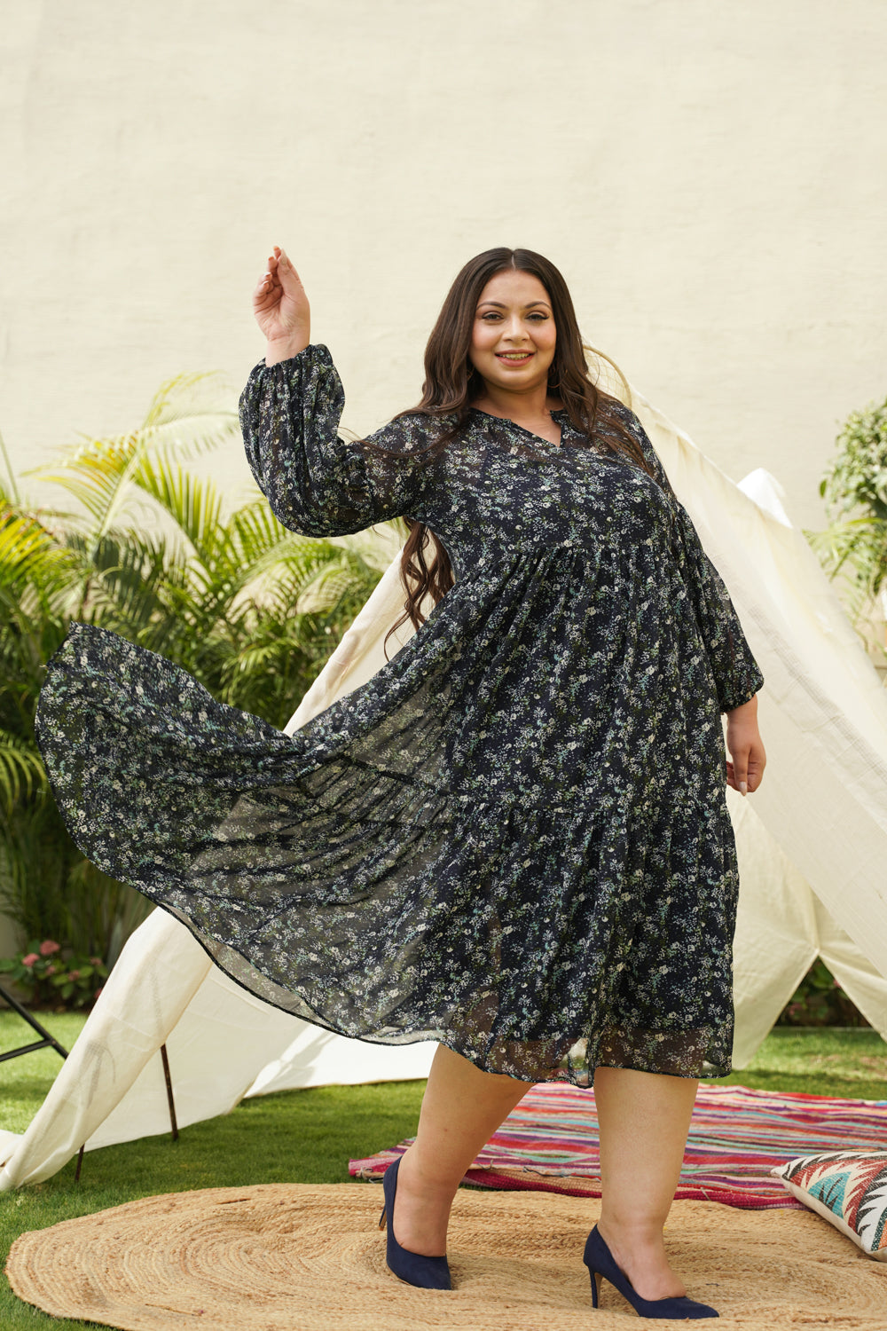 Women's Blue Tiered Georgette Midi Dress - Nangalia Ruchira