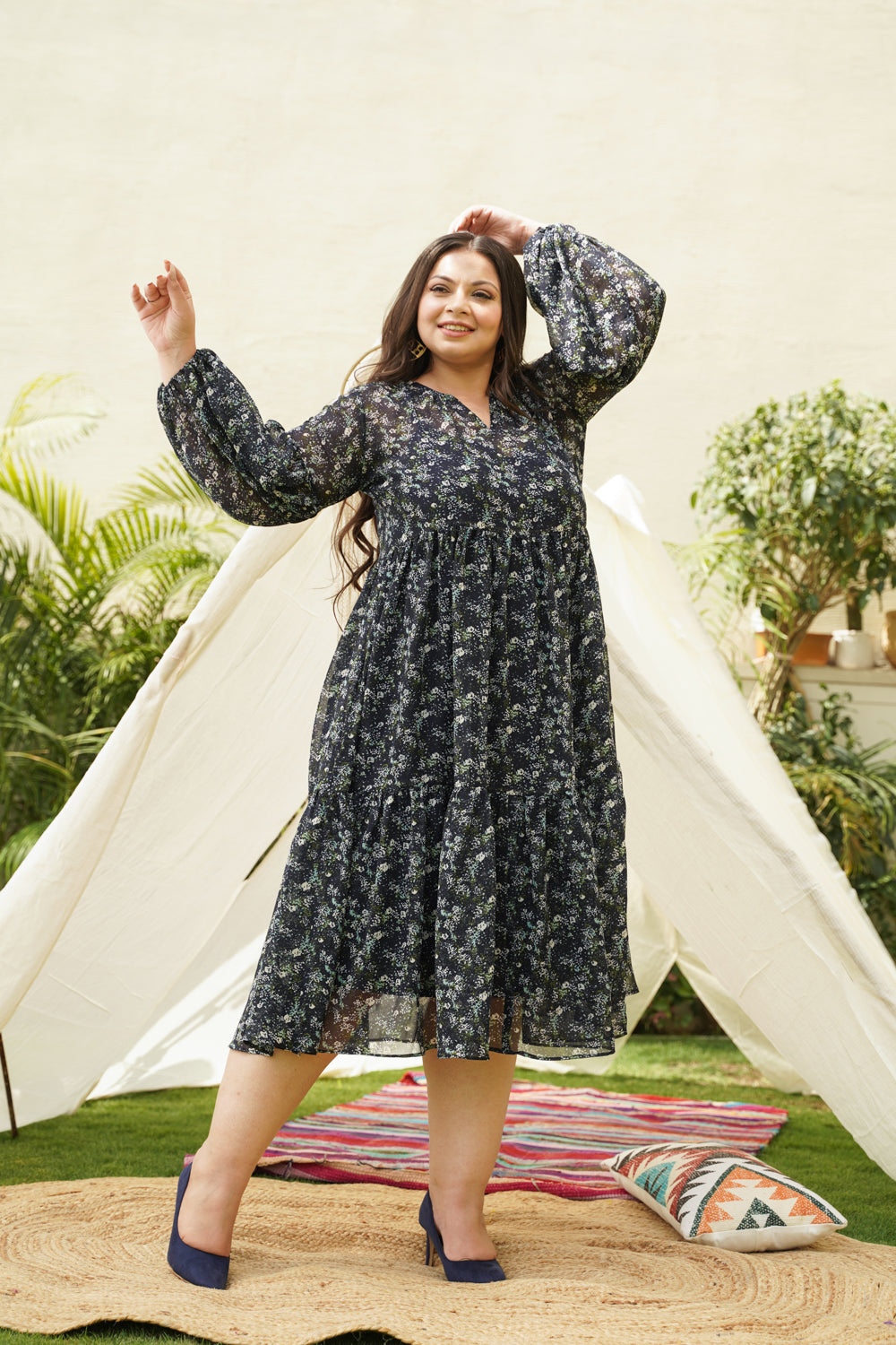 Women's Blue Tiered Georgette Midi Dress - Nangalia Ruchira