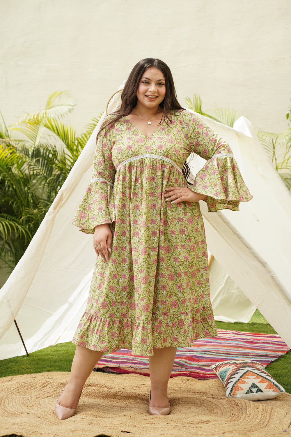 Women's Lime Cotton Floral Ruffle Dress - Nangalia Ruchira