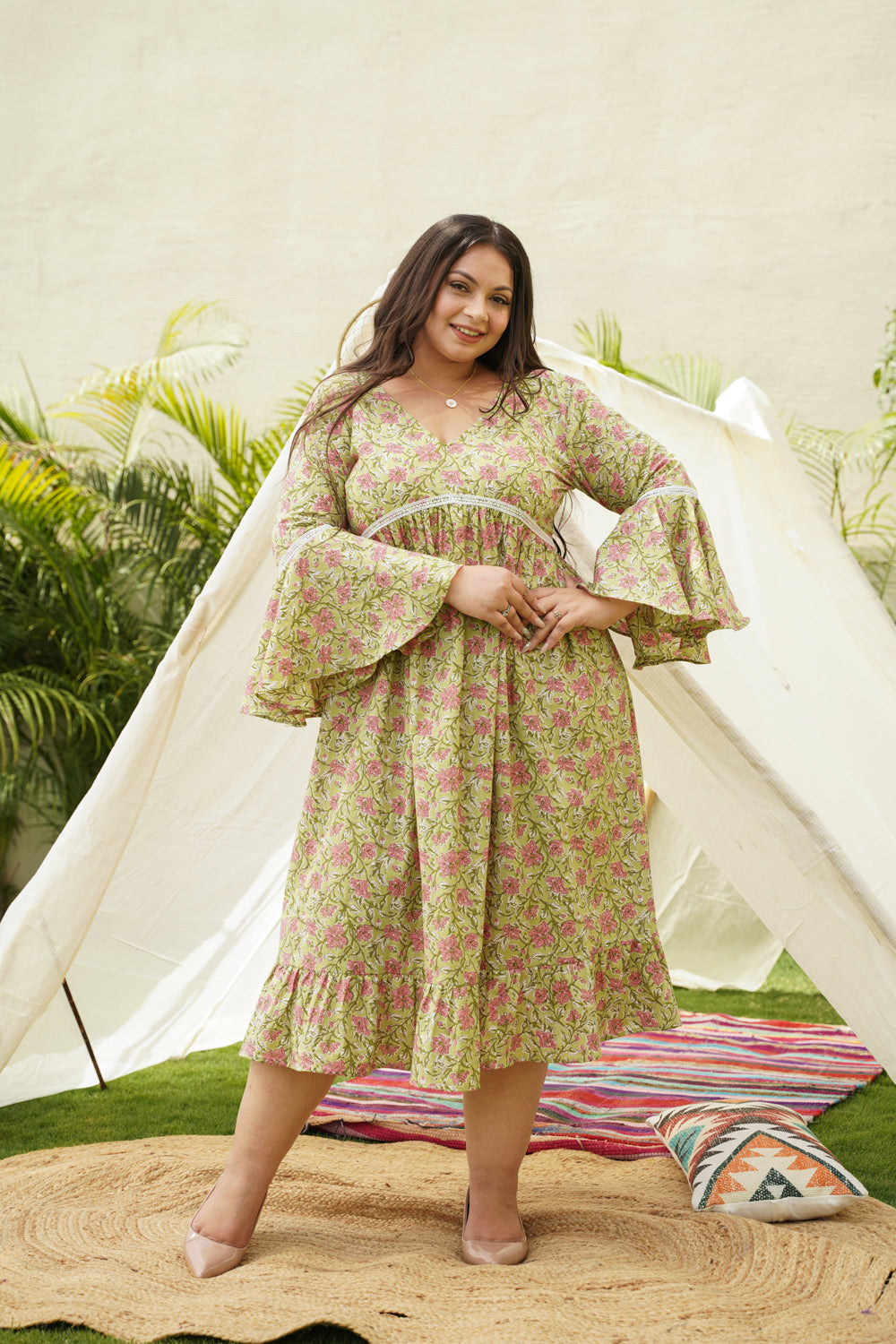 Women's Lime Cotton Floral Ruffle Dress - Nangalia Ruchira