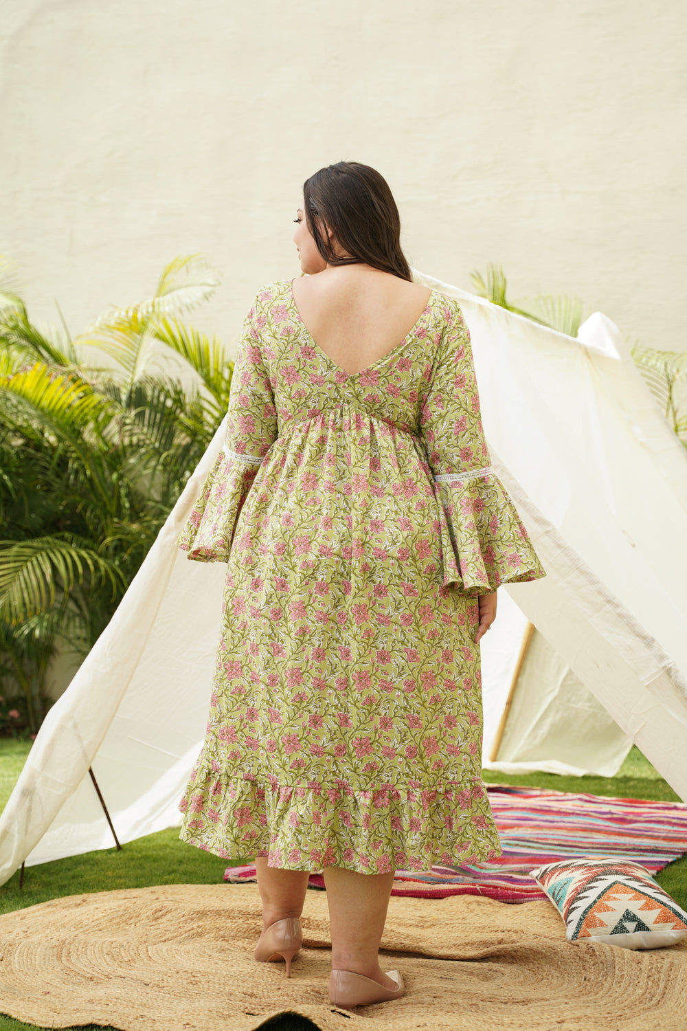 Women's Lime Cotton Floral Ruffle Dress - Nangalia Ruchira