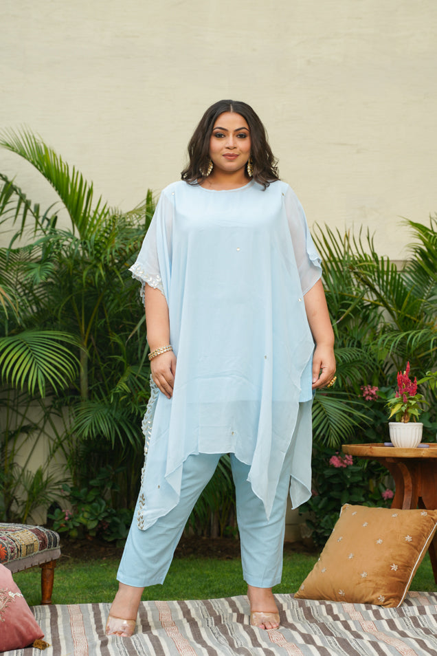 Women's Powder Blue Gold Embroidered Kaftan Set - Nangalia Ruchira
