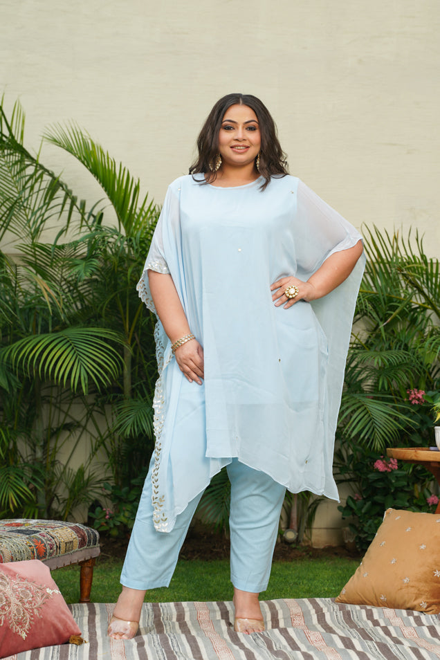 Women's Powder Blue Gold Embroidered Kaftan Set - Nangalia Ruchira