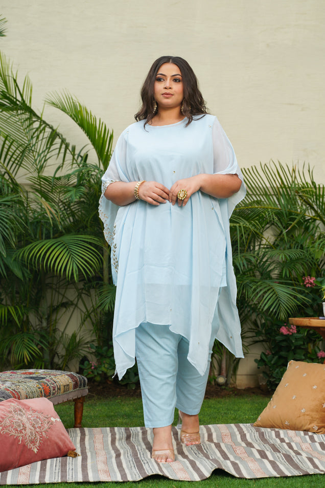 Women's Powder Blue Gold Embroidered Kaftan Set - Nangalia Ruchira