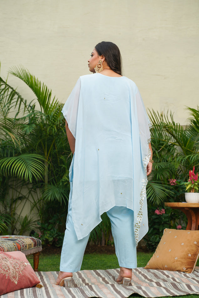 Women's Powder Blue Gold Embroidered Kaftan Set - Nangalia Ruchira